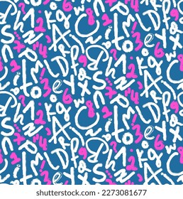 Abstract Hand Writing Mix Letters Numbers and Signs Seamless Retro Vector Pattern Isolated Background