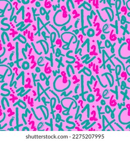 Abstract Hand Writing Mix Letters Numbers and Signs Seamless Retro Vector Pattern Isolated Background