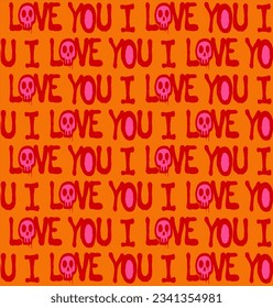 Abstract Hand Writing Spray Effect I Love You Text with Skulls Halloween Concept Seamless Vector Pattern Isolated Background