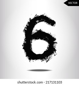 abstract hand written ink vector grunge type number six. grunge font. painted font
