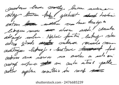 Abstract hand written text in ink for letters. Unreadable text with crossed out words. Illegible text page with mistakes. 