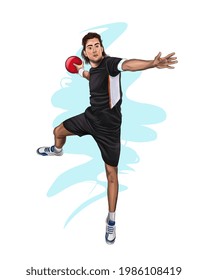 Abstract handball player jumping with the ball from splash of watercolors, colored drawing, realistic. Vector illustration of paints