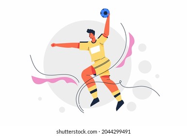 Abstract handball player jumping with the ball olympics or league games, in cartoon characters, vector illustration.