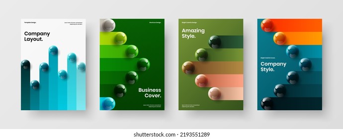 Abstract handbill A4 vector design concept collection. Multicolored realistic balls corporate brochure illustration composition.