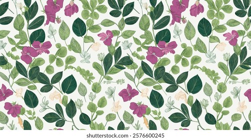 Abstract Handcrafted Floral Pattern with Vibrant Green and Deep Purple Leaves on a Light White Background