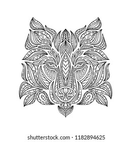 Abstract hand-drawing with elements of ornaments wolf graphic pen, boho. Vector illustration.