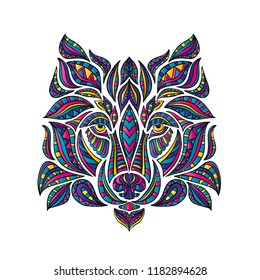 Abstract hand-drawing with elements of ornaments wolf graphic pen, boho. Vector illustration.