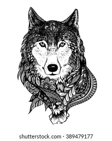 Abstract hand-drawing with elements of ornaments wolf graphic pen, boho.