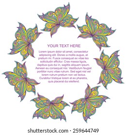Abstract hand-drawing pattern of butterflies. Circle inside for your text. Beautiful banner for design, greeting card or decoration.