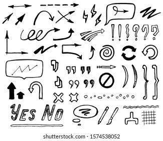 Abstract hand-drawn arrows, punctuation marks and lines for design or funny collage. Isolated set of black doodle decorative elements on white background.