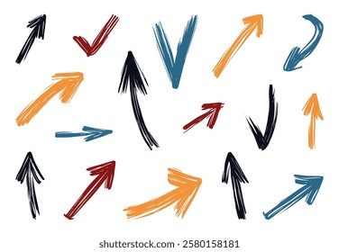 Abstract hand-drawn arrows set on a white background. brush drawing style. graphic elements. vector graphics.