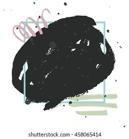 Abstract handdrawn background. Colorful trendy textured ink shapes with rough edges and geometric thin blue square frame on white backdrop. Empty hand painted grungy template - Vector illustration