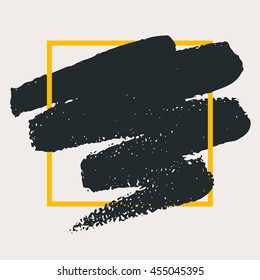 Abstract handdrawn background. Hand painted ink black smear with rough edges and yellow geometric thin square frame isolated on grey backdrop. Empty trendy template - Vector illustration