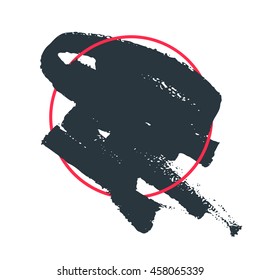 Abstract handdrawn background. Hand painted ink black smear with rough edges and red thin circle frame isolated on white backdrop. Empty template - Trendy Vector illustration
