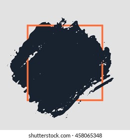 Abstract handdrawn background. Hand painted ink black smear with rough edges and orange thin square frame isolated on grey backdrop. Empty template - Trendy Vector illustration