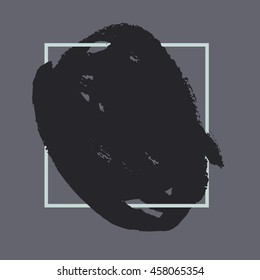 Abstract handdrawn background. Hand painted ink black smear with rough edges and green thin square frame isolated on grey backdrop. Empty template - Trendy Vector illustration