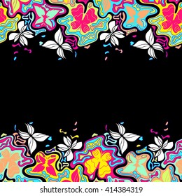 Abstract hand-drawn background with place for text, color doodle border with butterflies and wavy lines, horizontal seamless pattern, EPS 8