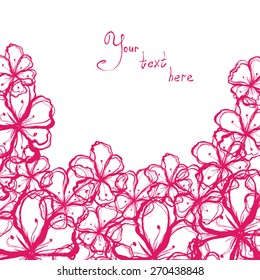 Abstract hand-drawn background of scarlet stylized flowers on a white background