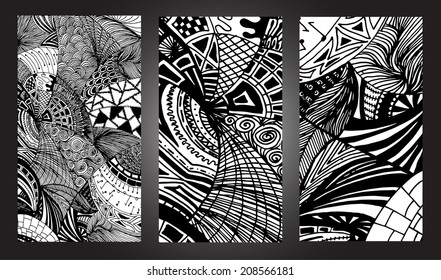 Abstract hand-drawn backgrounds, vector set. Collection of 3 black and white textures. Doodle patterns. Zendoodles. Free drawing style. Ornamental motifs and elements. Creative monochromatic design.
