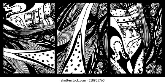 Abstract hand-drawn backgrounds, vector set. Zentangle design elements. Hand drawn black and white doodles.
