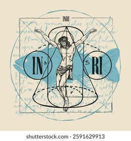 Abstract hand-drawn banner with Jesus Christ, fish and geometric figures on the background of handwritten text lorem ipsum. Religious illustration with a crucifix on old paper in retro style