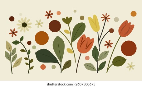 Abstract hand-drawn of blooming spring flowers in simple shapes like circles and soft petals. Perfect for earthy floral spring-themed designs.