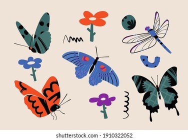 Abstract hand-drawn butterflies, flowers, and dragonfly. Contemporary bright-colored vector design.