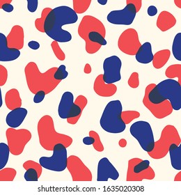 Abstract Hand-Drawn Colorful Overlayed Spots Camo Animal Skin Vector Seamless Pattern. Organic Fragments. Terrazzo marks. Geo Texture in Nautical Red and Blue Colors. Large Polka Dot Print for fashion