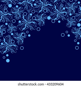 Abstract hand-drawn creative background of stylized flowers in bright cyan and indigo colors. Vector illustration.