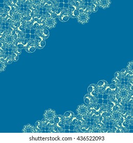 Abstract hand-drawn creative background of stylized flowers in pale pistachio and cerulean blue colors. Vector illustration.