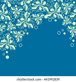 Abstract hand-drawn creative background of stylized flowers in pale pistachio and cerulean blue colors. Vector illustration.