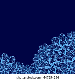 Abstract hand-drawn creative background of stylized flowers in bright cyan and indigo colors. Vector illustration.
