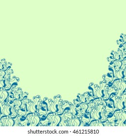 Abstract hand-drawn creative background of stylized flowers in pale pistachio and cerulean blue colors. Vector illustration.