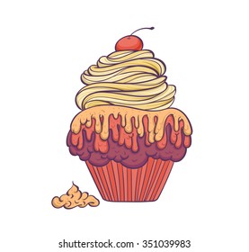 Abstract hand-drawn of cupcake flat design with little shadow. Vector line art.