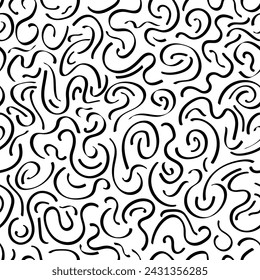 Curvas dibujadas a mano abstractas vector patrón sin fisuras. Líneas onduladas negras sobre fondo blanco. Textura de fondo de repetición simple, mínima y ondulada.