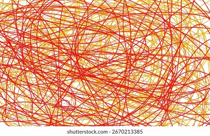 Formas curvilíneas desenhadas à mão abstratas criando um fundo caótico emaranhado em cores vermelho quente, laranja e amarelo. Ilustração de vetor.
