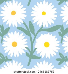 Abstract hand-drawn daisy flower pattern.vector illustration, botanical daisy flowers with leaves on blue background vector illustration. 