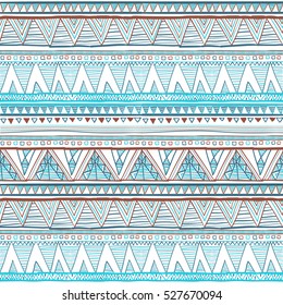 Abstract hand-drawn ethnic pattern, tribal background. Vector. blue seamless art