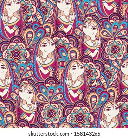 Abstract hand-drawn floral background with Indian girl.