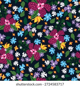 Abstractas patrón floral dibujado a mano con flores de color rosa, azul y verde, pétalos de textura cuadrada y pequeñas flores dispersas sobre un fondo denso negro y violeta
Ideal para textiles, telas, azulejos.