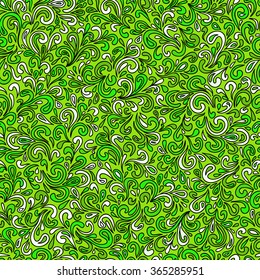 Abstract hand-drawn green leafy doodle seamless pattern.