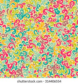 Abstract hand-drawn leafy doodle seamless pattern in bright retro colors.