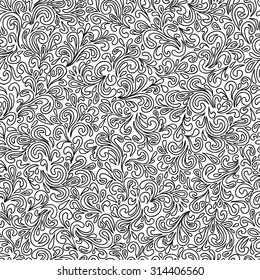 Abstract hand-drawn leafy doodle seamless pattern in black and white.