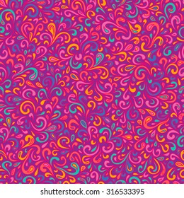 Abstract hand-drawn leafy doodle seamless pattern in hot purple-pink colors.