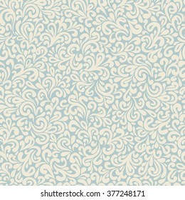 Abstract hand-drawn leafy doodle seamless pattern in pastel vintage blue color.