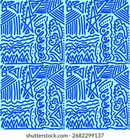 Abstract hand-drawn line pattern with geometric and organic shapes in bold blue on light background, creating a playful and tribal-inspired seamless design.