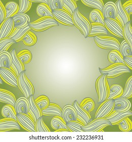Abstract hand-drawn lines and waves, green leaves, frame for your text. vector