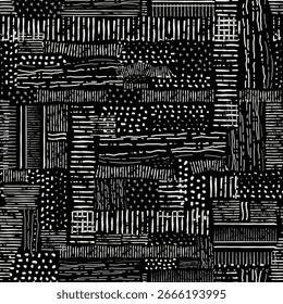Padrão sem emenda de marcas desenhadas à mão abstratas, ilustração vetorial texturizada em preto e branco.