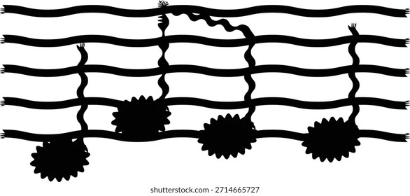 Notas musicais abstratas desenhadas à mão sobre ilustrações de vetor de linhas onduladas em preto e branco.