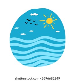 Onda oceânica abstrata desenhada à mão com sol, nuvens e pássaros